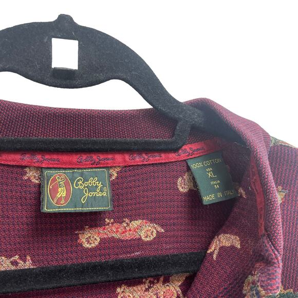 Bobby Jones Antique Car Pattern Burgundy Knit Short Sleeve Polo Men's XL - Picture 2 of 6